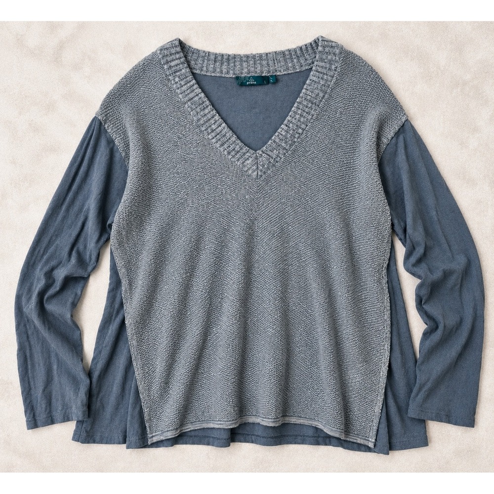 PrAna Organic Cotton Layered V Neck Sweater Tunic L Blue Gray Boho Lagenlook